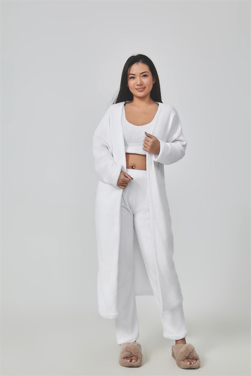 Women's Cozy 3 Piece Lounge Set Crop Top Wide Leg Pants Cardigan