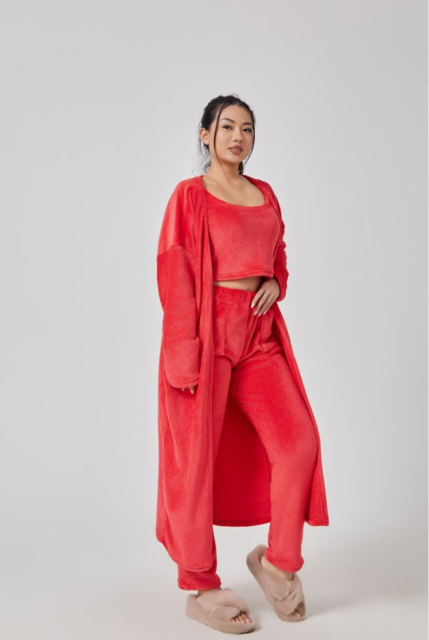 Women's Cozy 3 Piece Lounge Set Crop Top Wide Leg Pants Cardigan