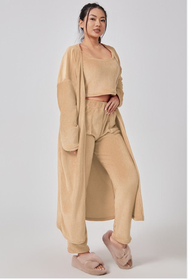 Women's Cozy 3 Piece Lounge Set Crop Top Wide Leg Pants Cardigan