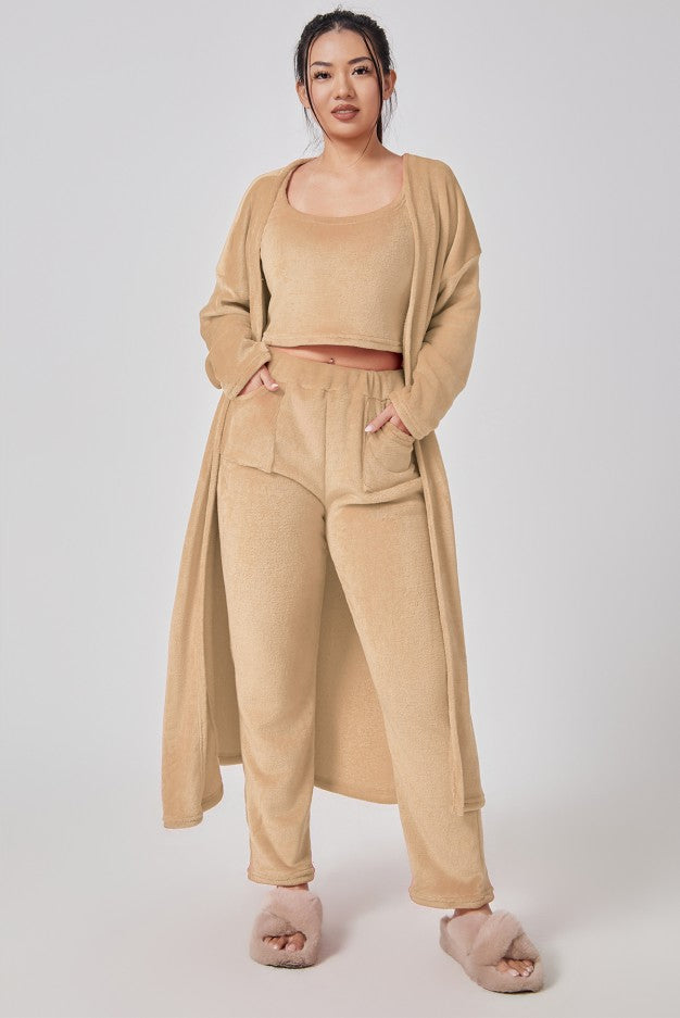 Women's Cozy 3 Piece Lounge Set Crop Top Wide Leg Pants Cardigan