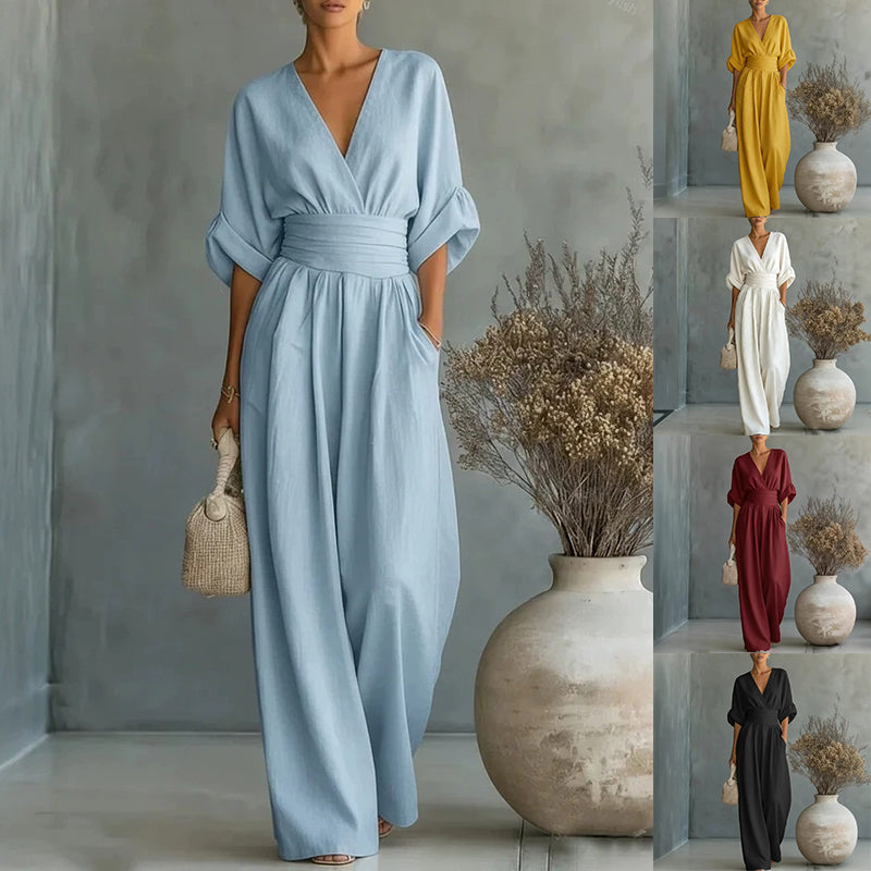 Women's V-Neck Wide-Leg Jumpsuit Pleated Three-Quarter Sleeve High Waist