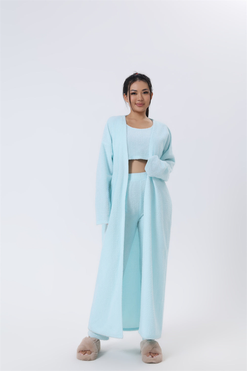 Women's Cozy 3 Piece Lounge Set Crop Top Wide Leg Pants Cardigan