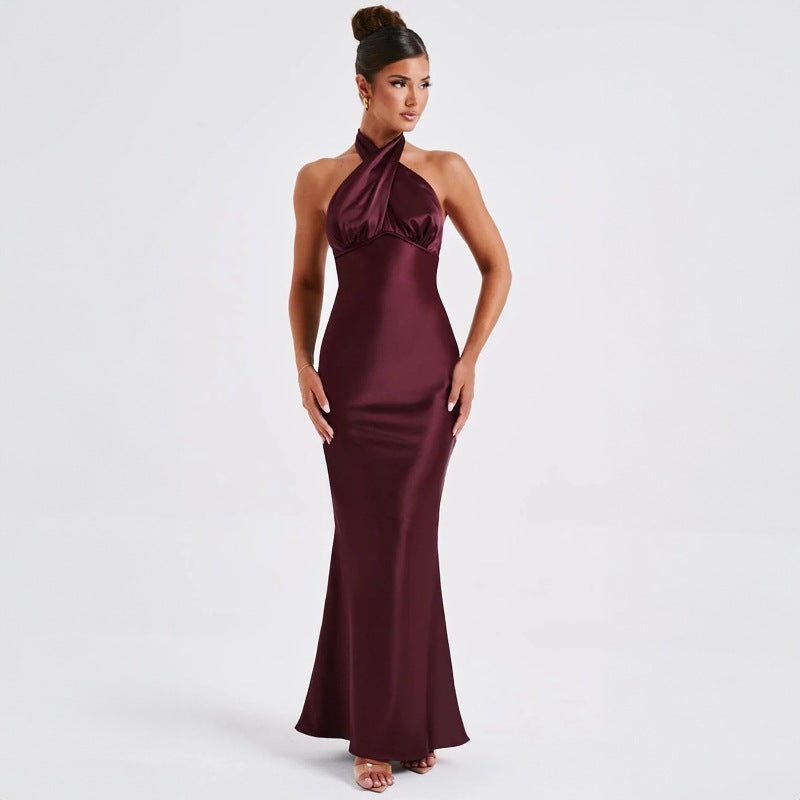 Women's Backless Sleeveless Long Dress Solid Color Lace-Up Mid Waist