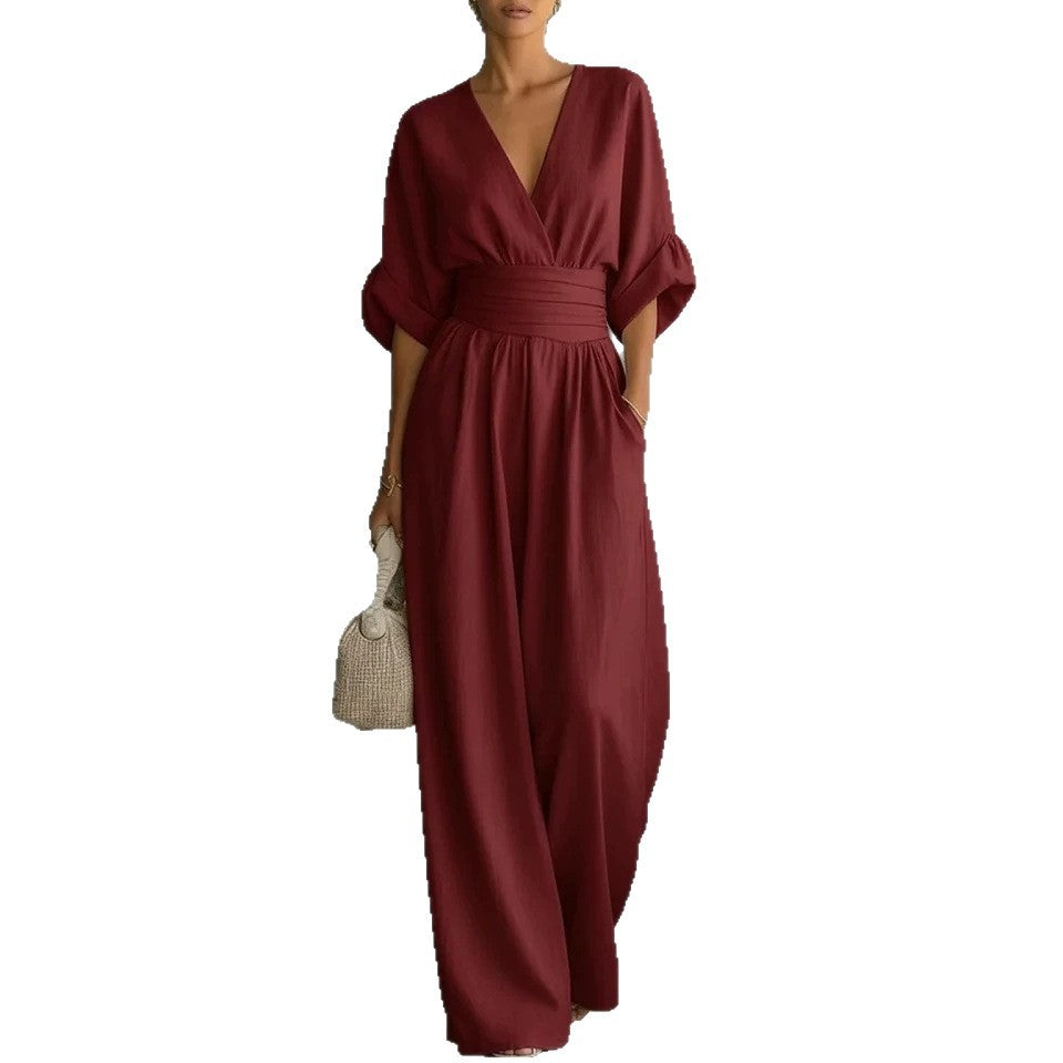 Women's V-Neck Wide-Leg Jumpsuit Pleated Three-Quarter Sleeve High Waist