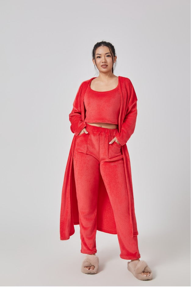 Women's Cozy 3 Piece Lounge Set Crop Top Wide Leg Pants Cardigan