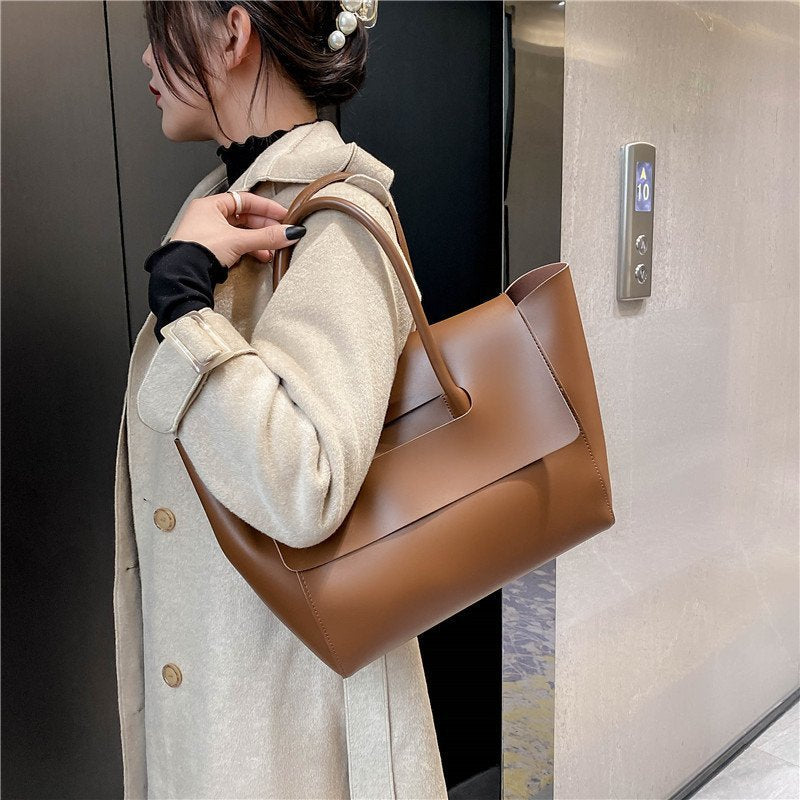 Women's Shoulder Bag Large Capacity PU Tote Handbag Solid Color