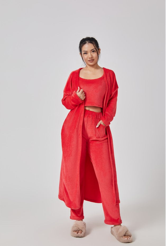 Women's Cozy 3 Piece Lounge Set Crop Top Wide Leg Pants Cardigan