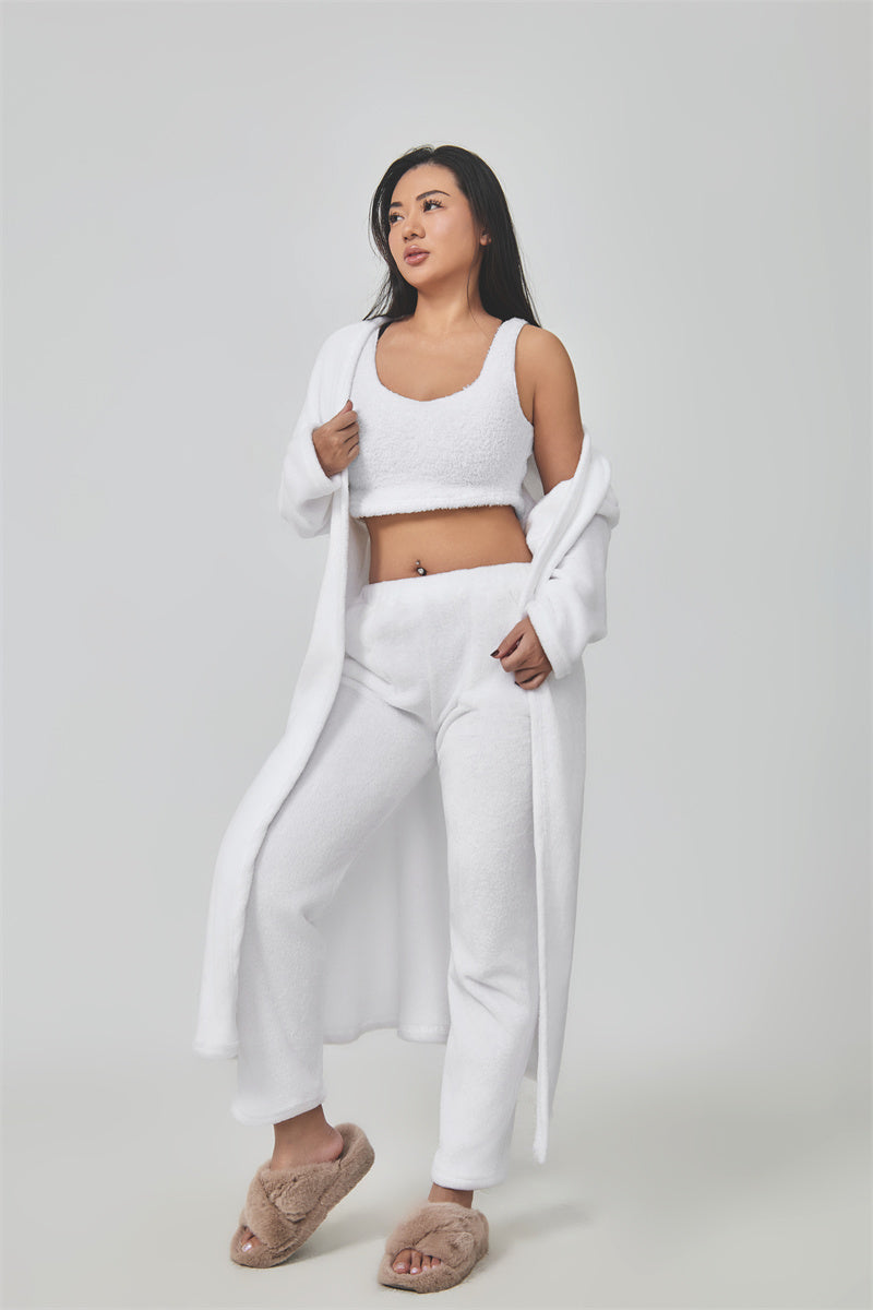 Women's Cozy 3 Piece Lounge Set Crop Top Wide Leg Pants Cardigan