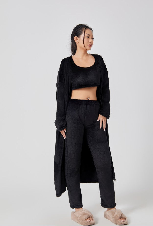 Women's Cozy 3 Piece Lounge Set Crop Top Wide Leg Pants Cardigan