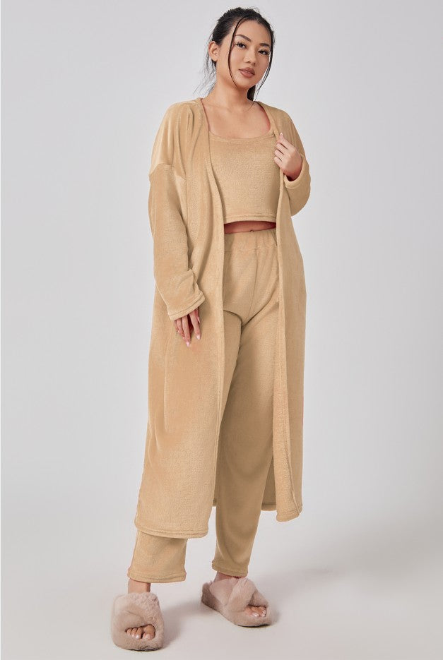 Women's Cozy 3 Piece Lounge Set Crop Top Wide Leg Pants Cardigan