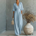 Women's V-Neck Wide-Leg Jumpsuit Pleated Three-Quarter Sleeve High Waist