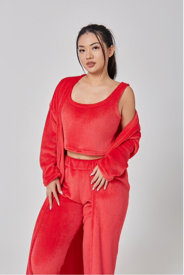 Women's Cozy 3 Piece Lounge Set Crop Top Wide Leg Pants Cardigan