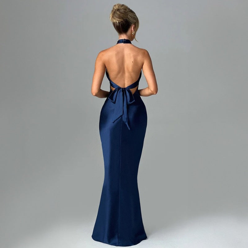 Women's Backless Sleeveless Long Dress Solid Color Lace-Up Mid Waist