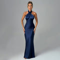 Women's Backless Sleeveless Long Dress Solid Color Lace-Up Mid Waist