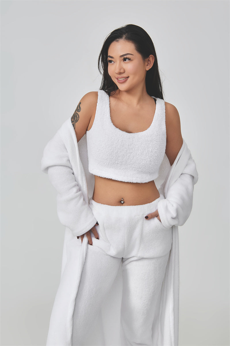 Women's Cozy 3 Piece Lounge Set Crop Top Wide Leg Pants Cardigan