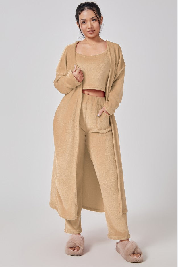 Women's Cozy 3 Piece Lounge Set Crop Top Wide Leg Pants Cardigan