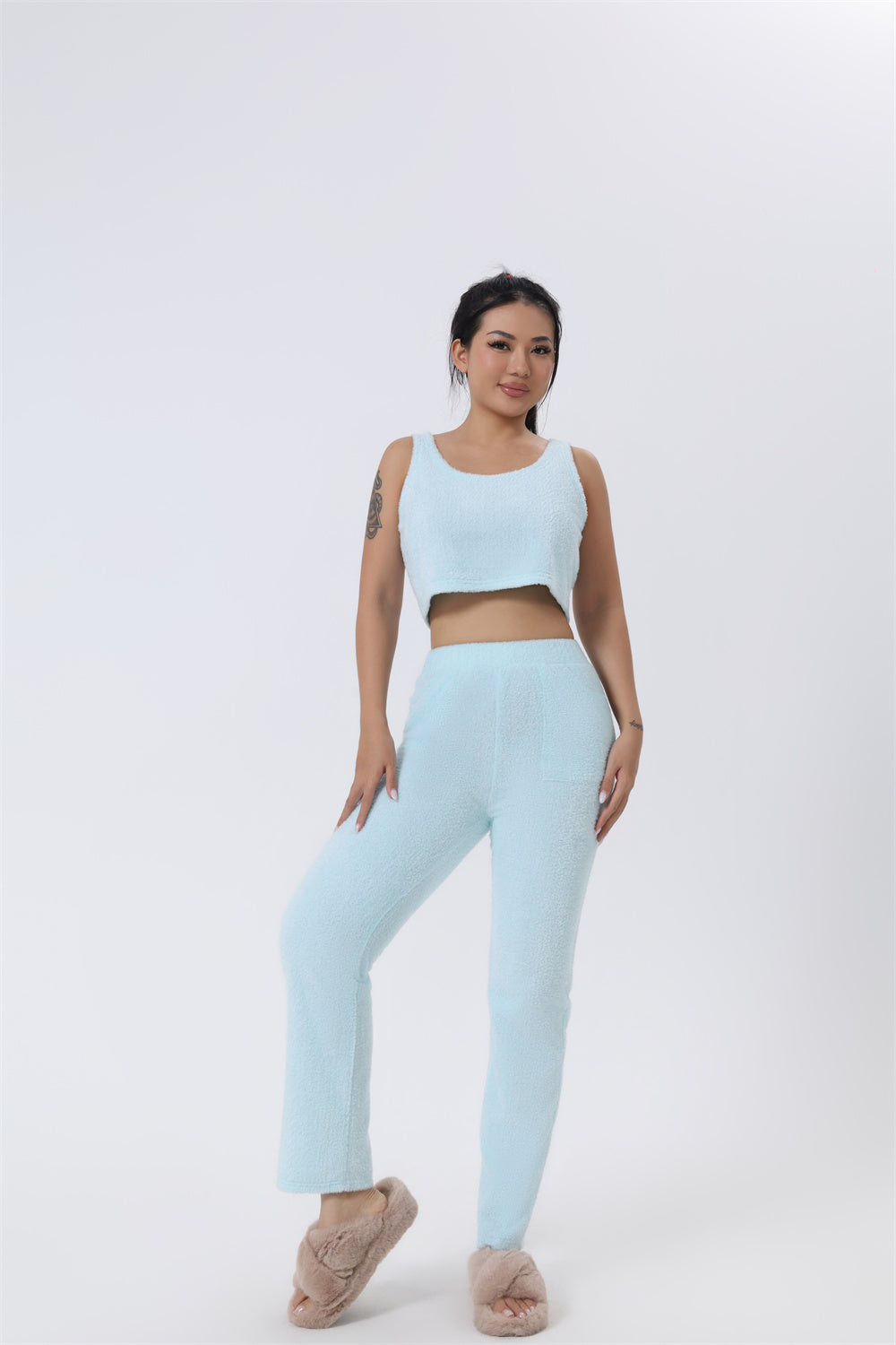 Women's Cozy 3 Piece Lounge Set Crop Top Wide Leg Pants Cardigan
