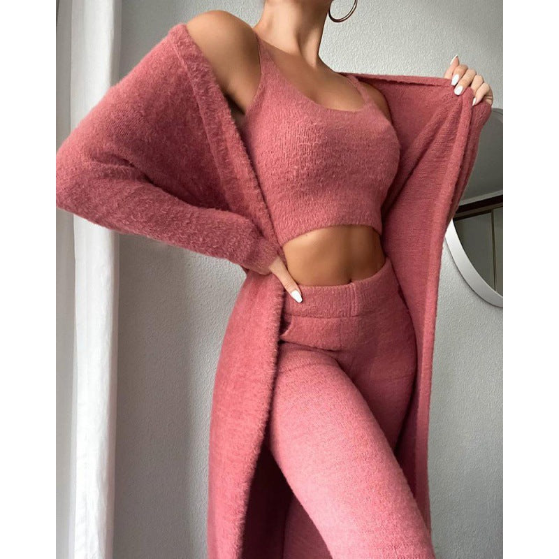 Women's Cozy 3 Piece Lounge Set Crop Top Wide Leg Pants Cardigan