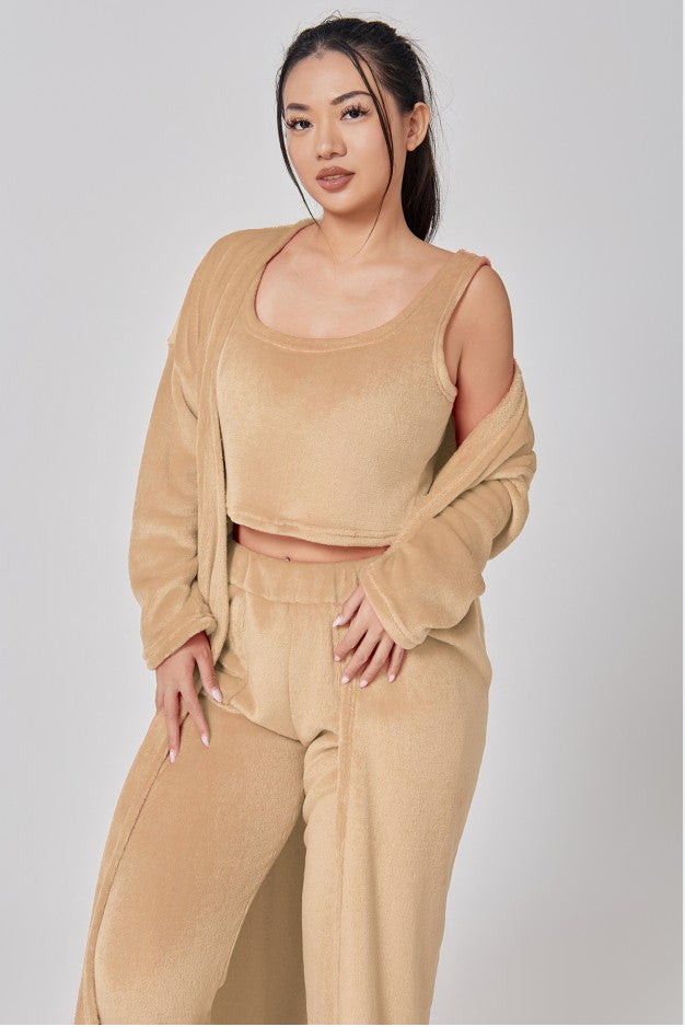 Women's Cozy 3 Piece Lounge Set Crop Top Wide Leg Pants Cardigan