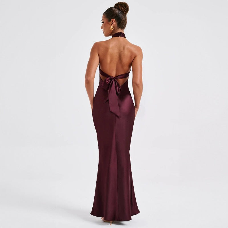 Women's Backless Sleeveless Long Dress Solid Color Lace-Up Mid Waist