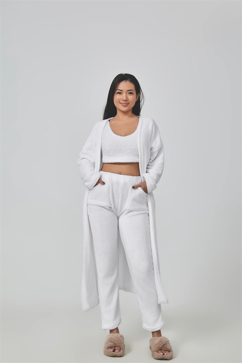 Women's Cozy 3 Piece Lounge Set Crop Top Wide Leg Pants Cardigan